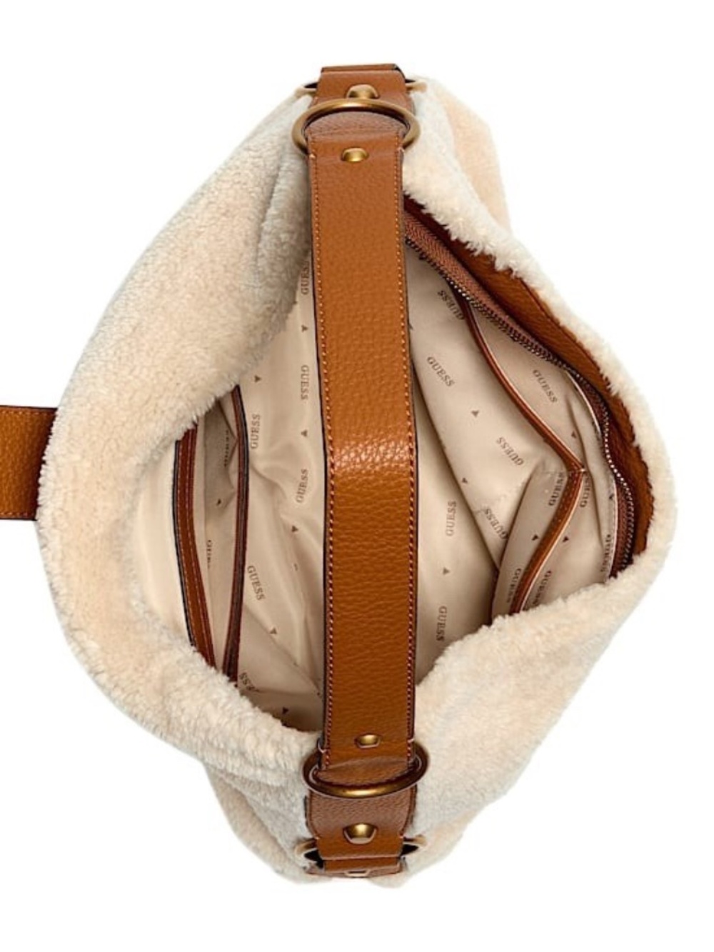 GUESS Camden Faux Shearling Shoulder Bag In Beige With Brown Faux Leather Trim - Picture 3 of 5